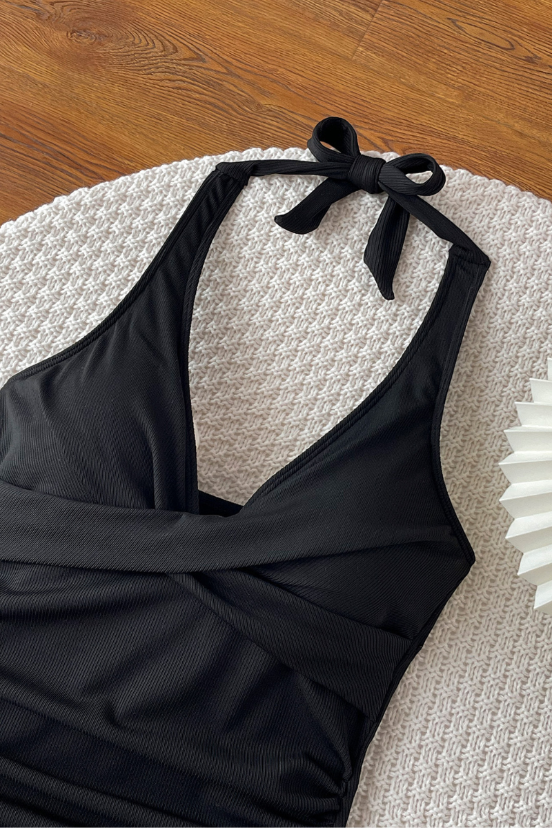 Women's V-neck Halterneck Pleated Solid Sexy Swimsuit