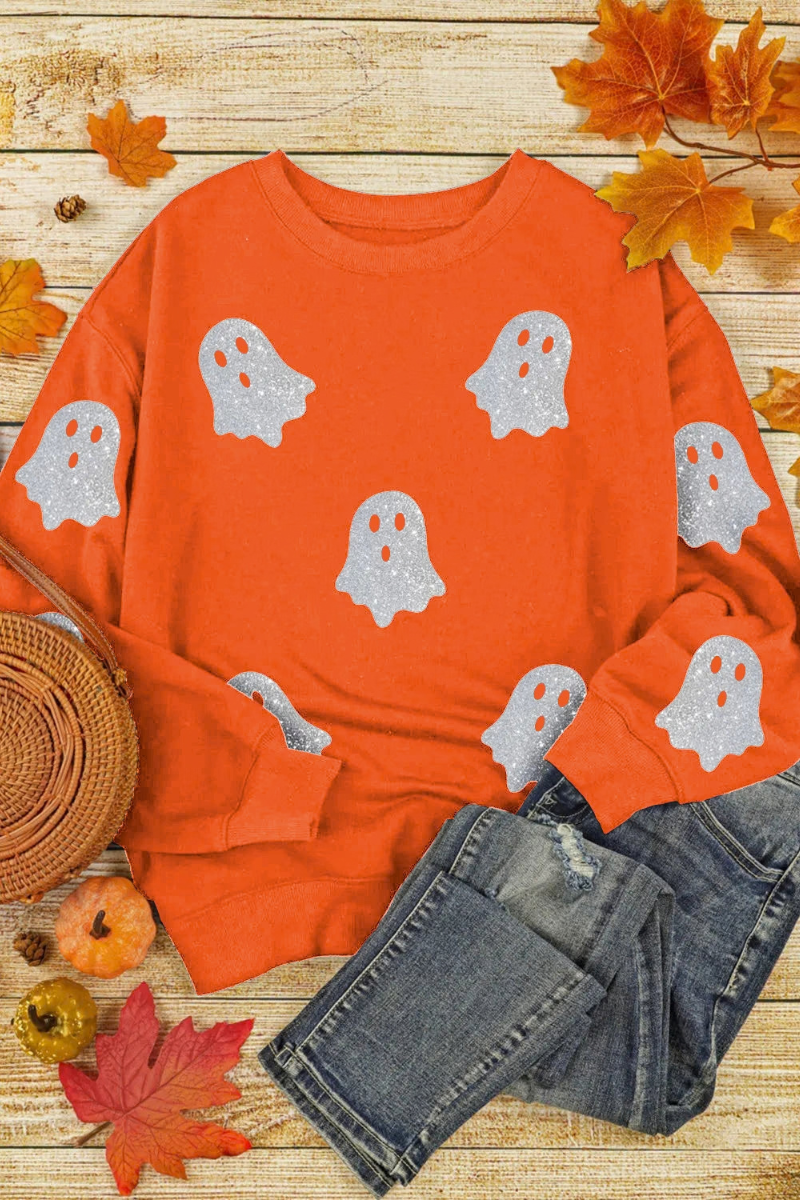 Women's Fall Halloween Ghost Glitter Print Sweatshirt