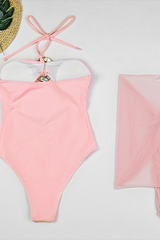 Women's Bandeau Ring High Waist Mesh Cover-up Bikini Set