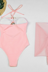 Women's Bandeau Ring High Waist Mesh Cover-up Bikini Set