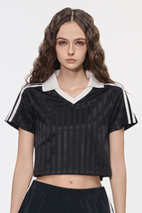 Women’s Cropped Color Block Striped Polo V-Neck  T-Shirt