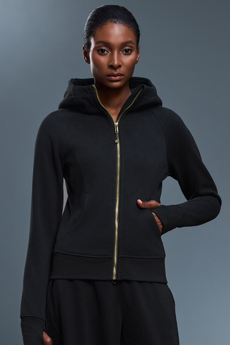 Women's Athletic Slim Full Zipper Finger Cuffs Hooded Jacket