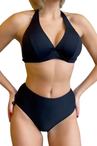 Women's Halter Deep V High Waist Back Tie Bikini Set - Solid