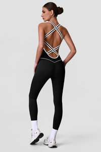 Women's Contrast Piping Crisscross Back Yoga Jumpsuits