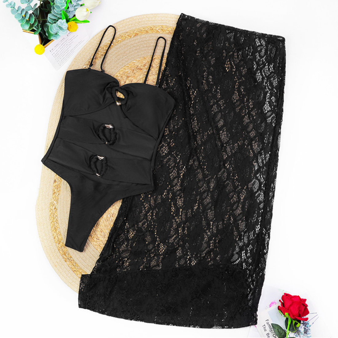 Women's Metal Button Strapless Lace One Piece Swimsuit