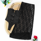 Women's Metal Button Strapless Lace One Piece Swimsuit