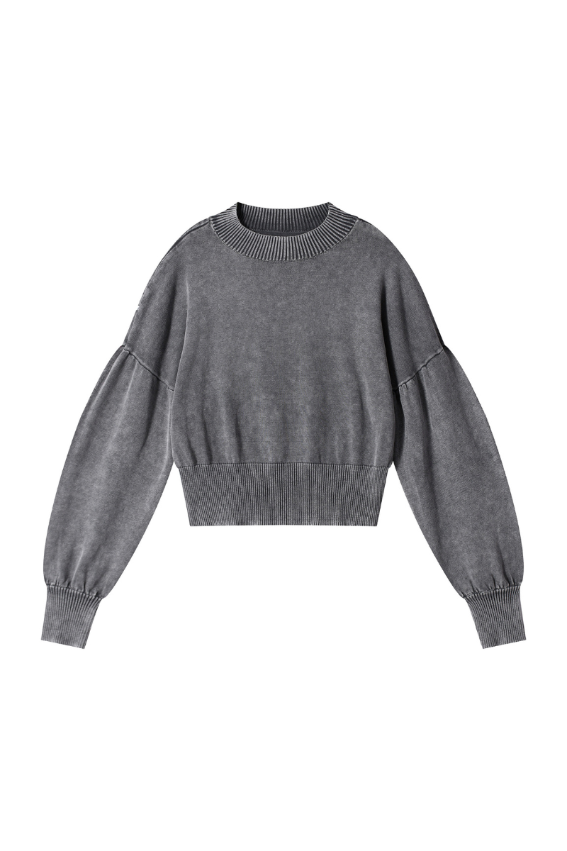 Women's Fall 100% Cotton Rib Hem Balloon Sleeves Sweatshirt
