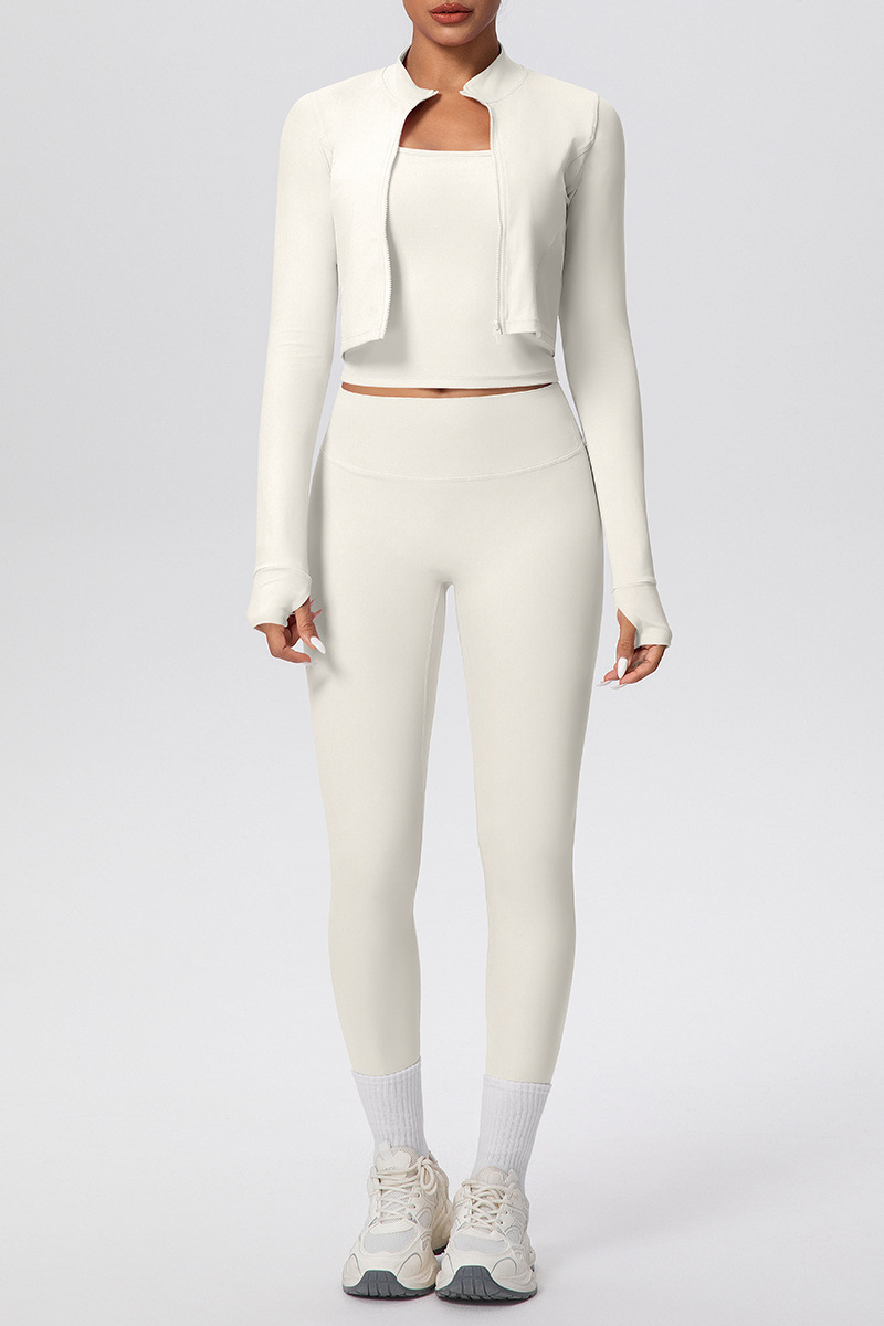Women's Athletic Set:Stand Collar Jacket & Cropped Bra & Leggings