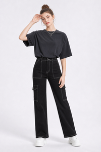 Women's High Waist Multi-Pocket Wide Leg Cargo Jeans