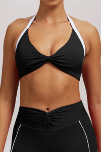 Women's Athletic Twist-Front Halterneck Color Block Bra