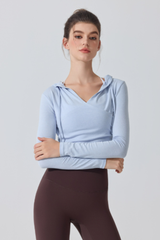 Women's V‑Neck Ruched Cropped Slim Fit Athletic Hoodie