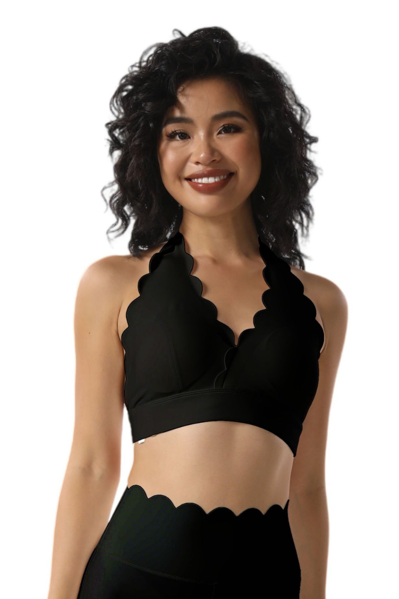 Women's Scalloped Halter V Neck Padded Workout Sports Bra