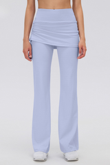 Women's Fake 2-Piece Skort Overlay Ruched Flare Yoga Pants