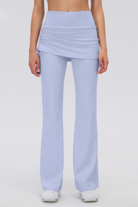 Women's Fake 2-Piece Skort Overlay Ruched Flare Yoga Pants
