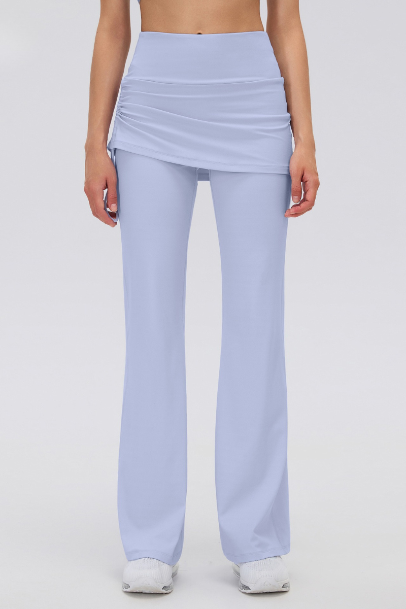Women's Fake 2-Piece Skort Overlay Ruched Flare Yoga Pants