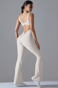 Women's U-neck Pleated Buttocks Lift Flared Pants Jumpsuit