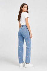 Women's Pink Heart Embroidered Straight Leg Jeans