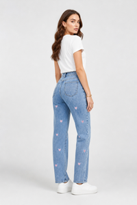 Women's Pink Heart Embroidered Straight Leg Jeans