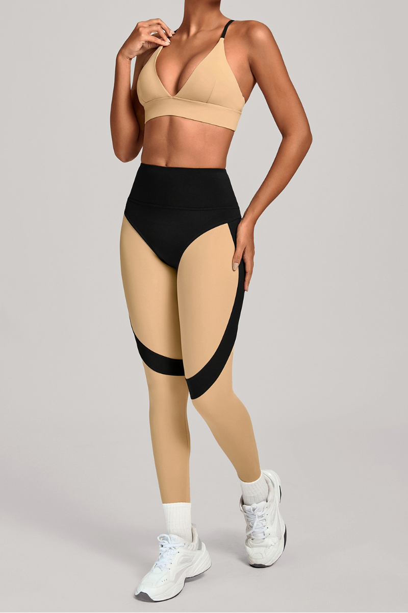 Women's Set:Triangle Cup Color Block Bra & High-Waist Legging