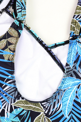 Women's One Piece Suit - Wide Strap U-Neck Leaf Print Plus