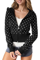 Women's Fall Polka Dot Print Cropped Zip Up Hooded Jacket