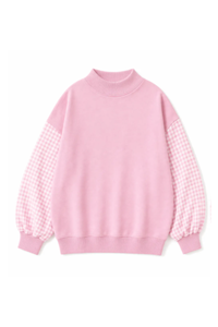 Women's Fall Gingham Spliced Oversize Mock Neck Sweatshirt