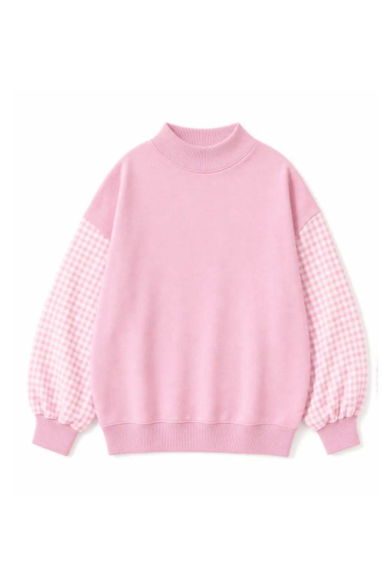 Women's Fall Gingham Spliced Oversize Mock Neck Sweatshirt