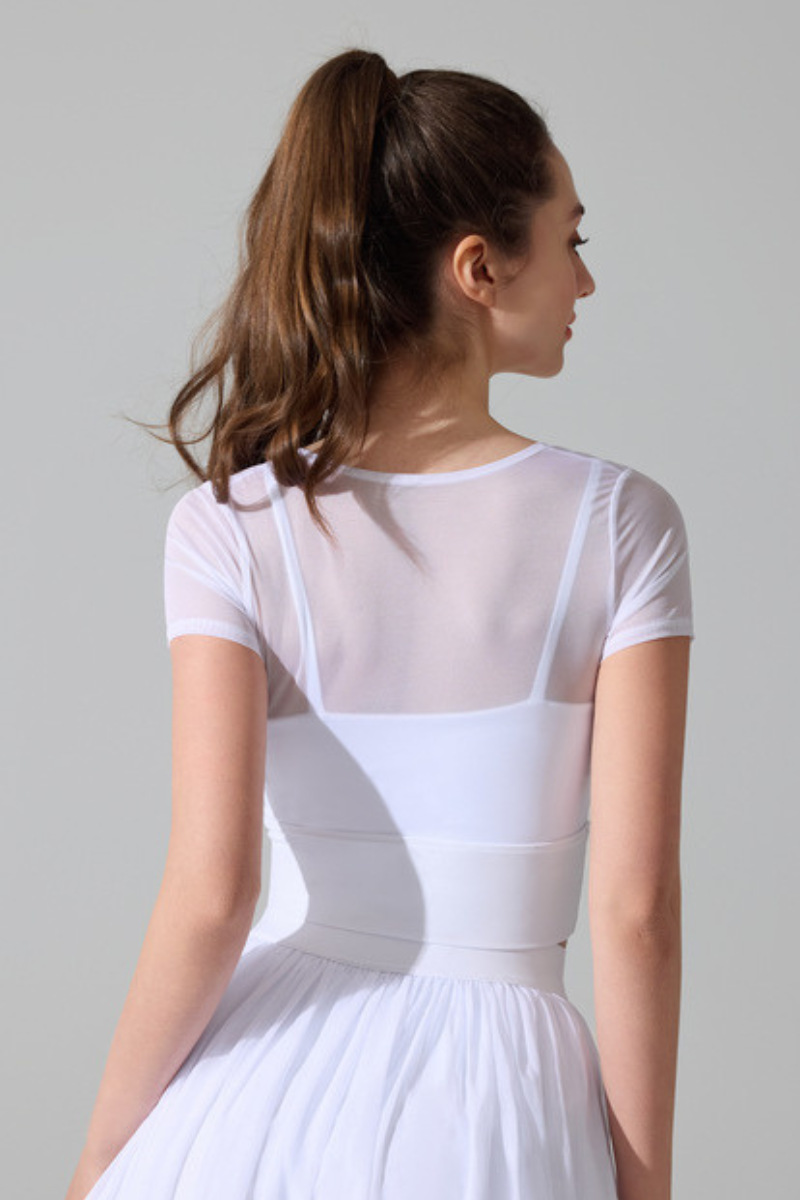 Women’s Faux Two-Piece Mesh Cropped T-shirt