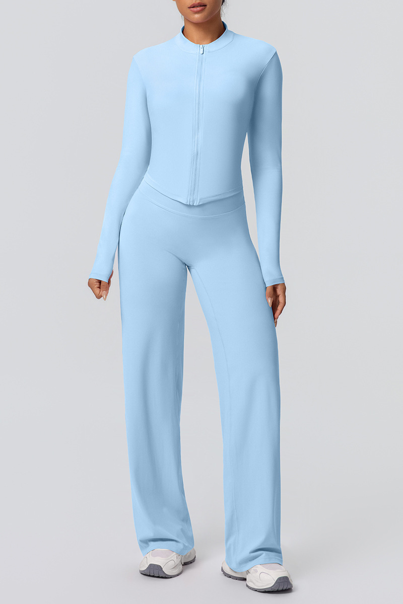 Women's Set:Collared Zippered Jacket And Wide Leg Pants