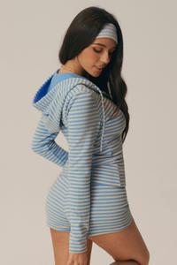 Women's Striped Hooded Zip Crop Jacket & High Waist Shorts