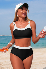 Women's Color Block High Waisted Back Tie Adjustable Strap Bikini