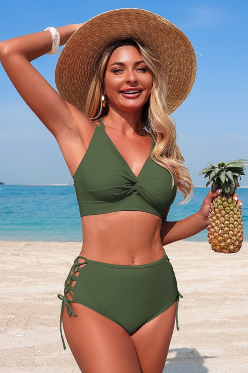 Women's V-neck Twist-Front Cross Back Side Cot Out Bikini