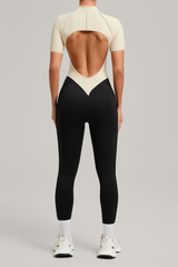 Women's Athletic Stand Collar Color Block Yoga Jumpsuit