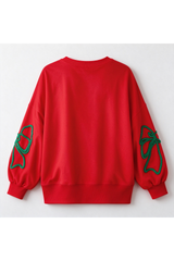 Women's Christmas Embroidery Bow Balloon Sleeve Sweatshirt
