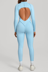 Women's Half-Zip Open Back Jumpsuit with Contoured Seams