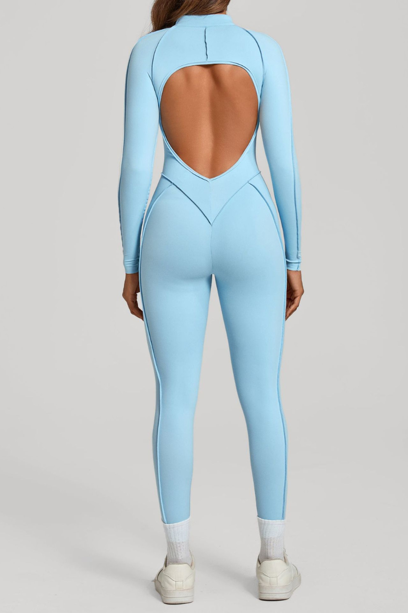 Women's Half-Zip Open Back Jumpsuit with Contoured Seams