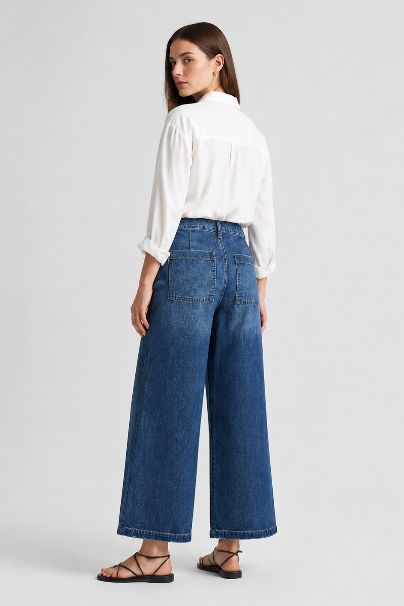 Women's High Waisted Wide Leg Jeans with Front Patch Pockets