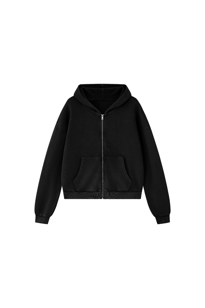 Unisex Fall Vintage Washed Waffle Full Zip Up Hooded Jacket