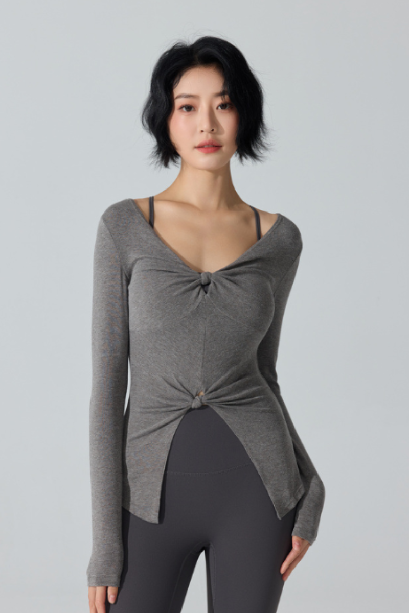 Women's Ribbed Double Twist Split V Neck Pilates Slim Fit Top