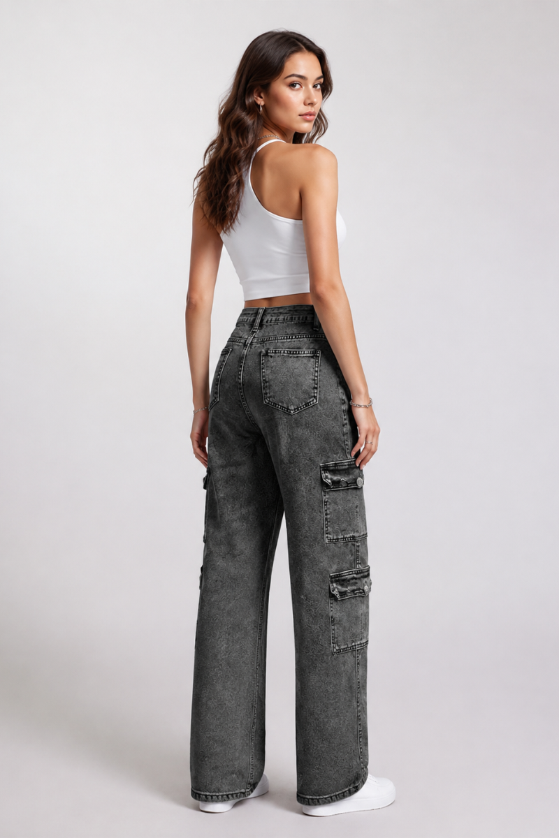 Women's High Waist Cargo Straight Jeans