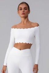 Women's Scalloped Off-Shoulder Cropped Long-Sleeve Sport Top