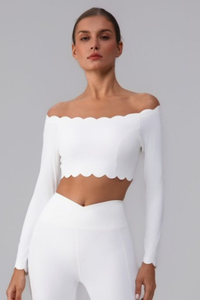 Women's Scalloped Off-Shoulder Cropped Long-Sleeve Sport Top
