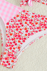 Women's V-Neck Floral Gingham Patchwork Bikini Set