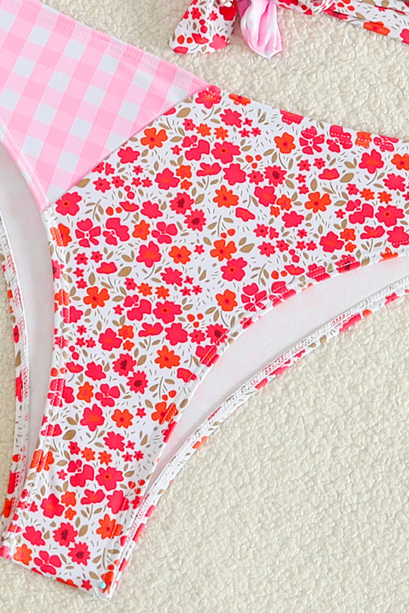 Women's V-Neck Floral Gingham Patchwork Bikini Set