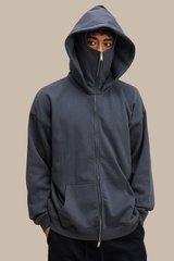 Hooded zip-up sweatshirt.