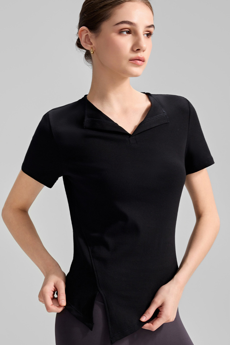 Women's Collared Naked Feel Asymmetric Slit Hem T-shirt