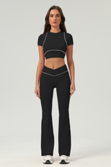 Women's Color‑Contrast Cropped T-shirt & Flared Pants Set