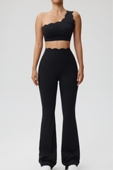 Women's Scalloped One Shoulder Bra & Flared Yoga Pants Set