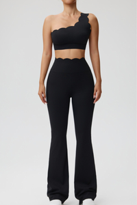 Women's Scalloped One Shoulder Bra & Flared Yoga Pants Set