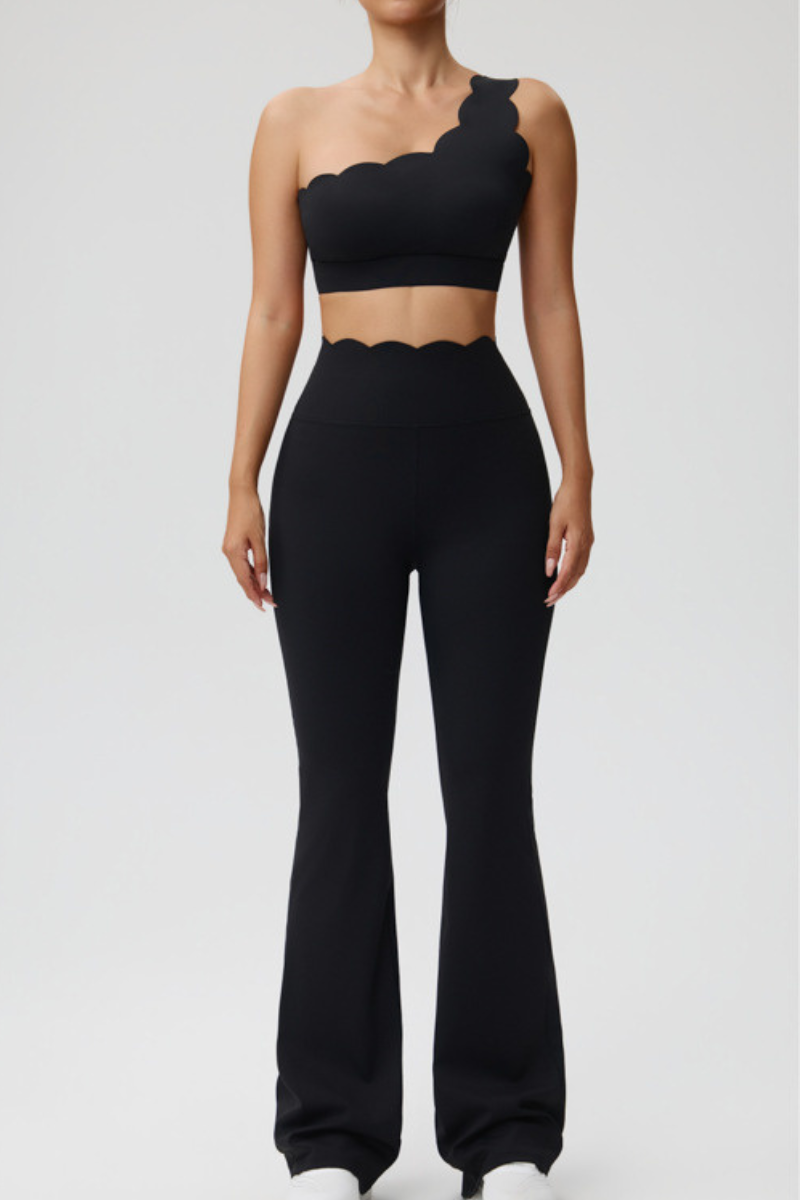 Women's Scalloped One Shoulder Bra & Flared Yoga Pants Set
